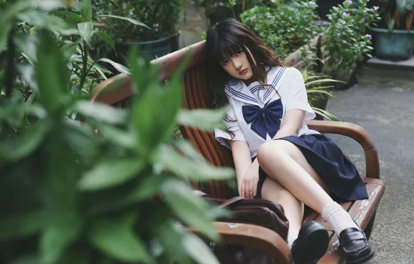 Beautiful, Asian, Model, Park, Woman, Pretty, Sitting, Uniform