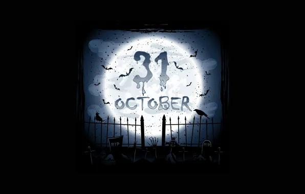 Картинка октябрь, кладбище, вороны, ужас, horror, жуткий, creepy, full moon