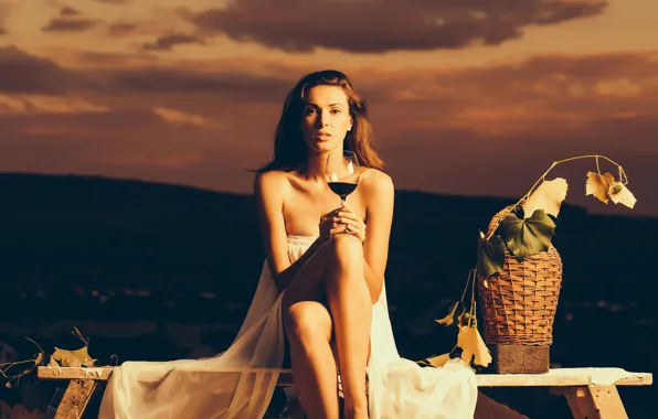 Листья, девушка, закат, поза, вино, корзина, бокал, вечер