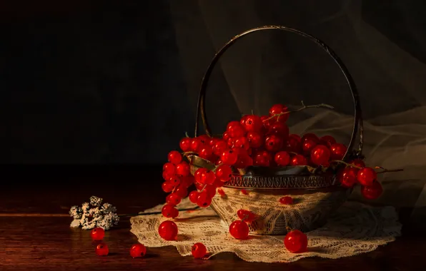Свет, ягоды, темный фон, стол, натюрморт, корзинка, красная, смородина