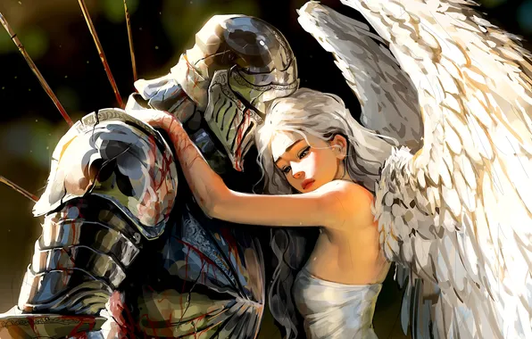 Girl, blood, fantasy, armor, wings, mood, angel, digital art