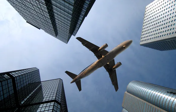 Картинка небо, город, небоскребы, Hong Kong, аэробус, Airbus A320, LAN Airlines