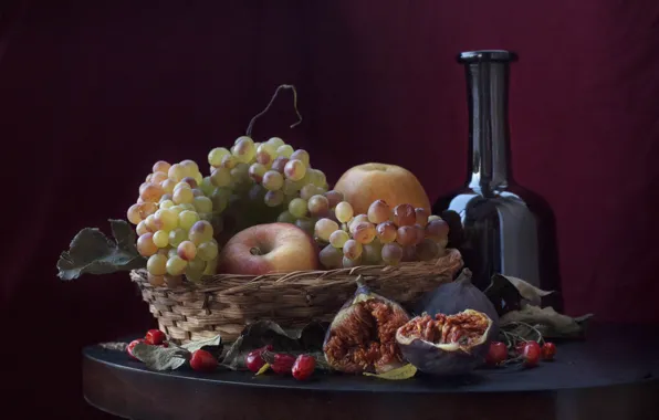 Стол, яблоки, бутылка, плоды, шиповник, виноград, фрукты, натюрморт
