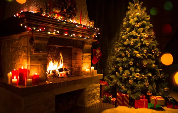 Картинка огонь, елка, свечи, Рождество, подарки, Новый год, плямя, ёлка