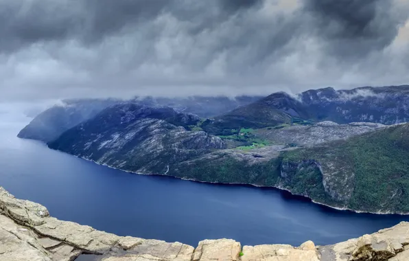 Картинка горы, тучи, река, скалы, Пейзажи, фьорд