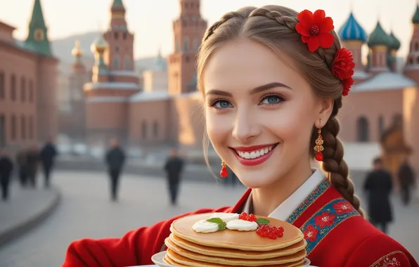 Девушка, праздник, блины, масленица