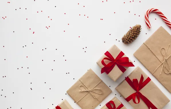 Картинка подарок, happy new year, шишки, лента, Happy Christmas, gift, New Year, Christmas