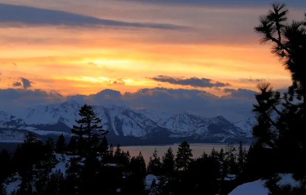 Картинка зима, лес, закат, горы, Mountain Light