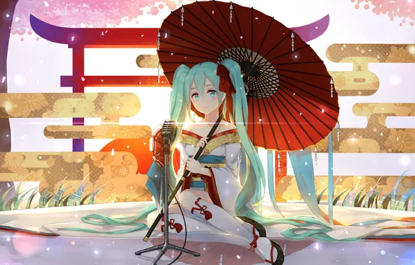 Япония, гейша, микрофон, кимоно, гольфы, причёска, vocaloid, Hatsune Miku