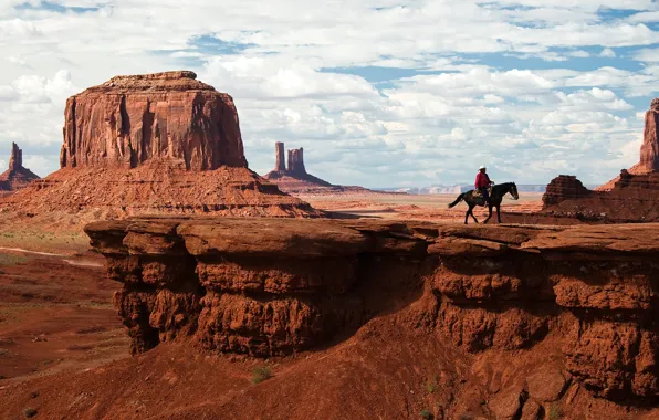 Картинка небо, облака, скалы, лошадь, Аризона, Юта, ковбой, индеец