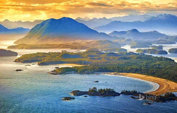 Море, небо, облака, закат, горы, british columbia, canada, clayoquot sound
