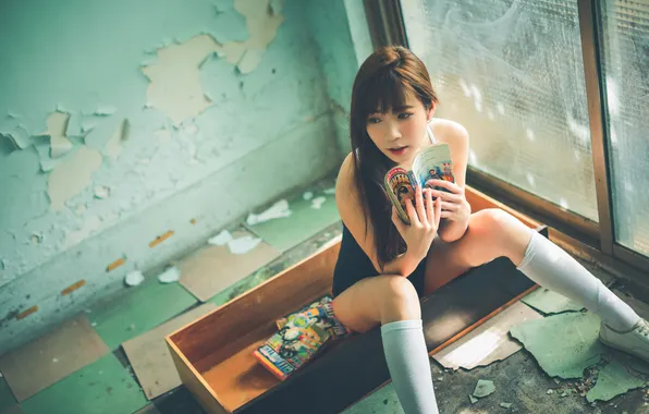 Long hair, model, women, brunette, asian, sitting, bangs, looking away