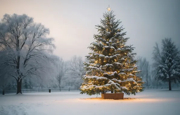 Картинка зима, снег, украшения, ночь, lights, парк, елка, Новый Год