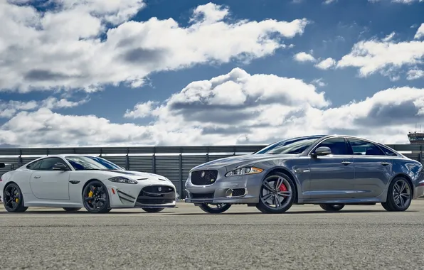Картинка небо, купе, Jaguar, седан, передок, XKR-S, XJR