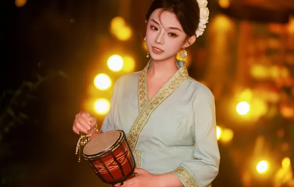 Beautiful, Asian, Model, Woman, Drum, kimono, Pretty, Traditional