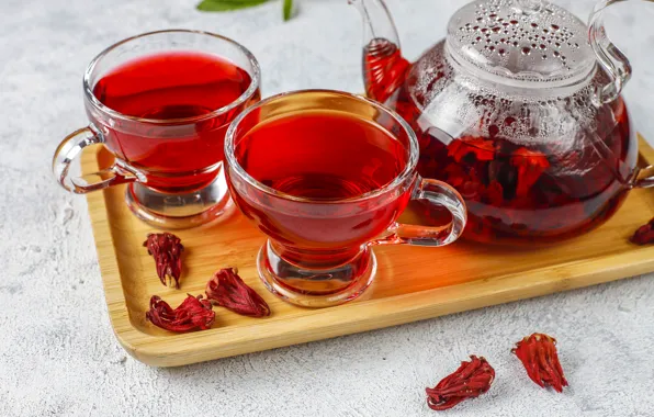 Цветы, красный, чай, лепестки, чайник, чашки, каркаде