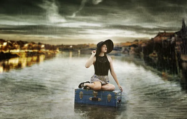 Картинка девушка, дождь, чемодан