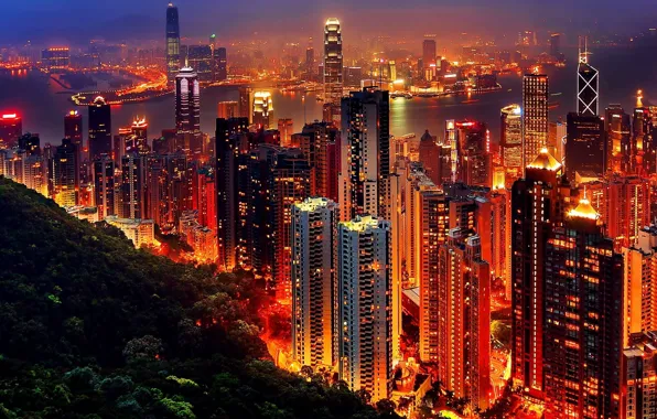 Ночь, город, огни, здание, панорама, Hong Kong
