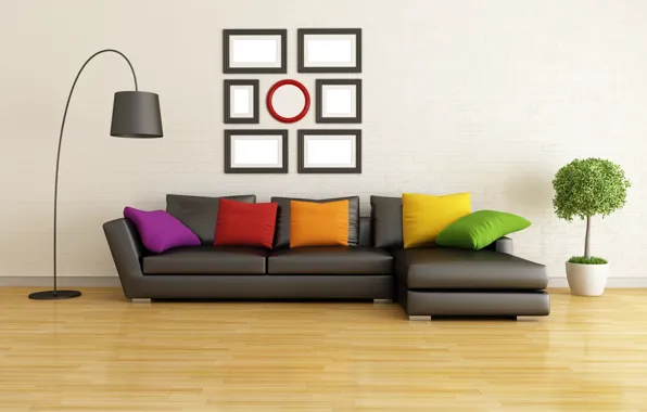 Картинка диван, интерьер, подушки, interior, couch, pillows, lamb, стильный дизайн