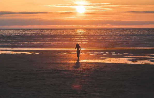 Girl, beach, sea, landscape, sunset