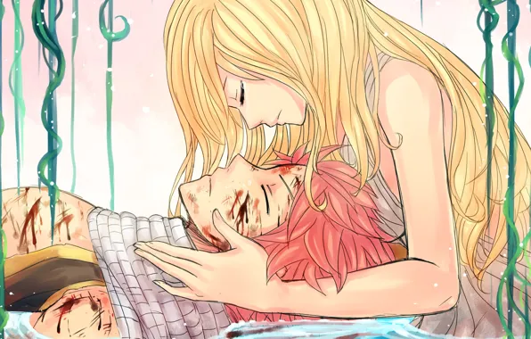 Любовь, кровь, аниме, арт, пара, раны, хвост феи, Fairy Tail