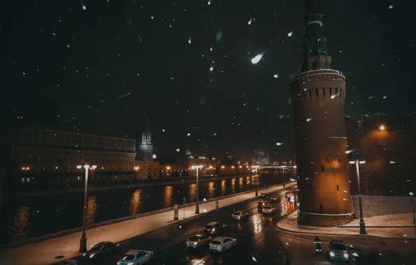 Зима, снег, мост, река, Москва, метель, красная площадь, Москва река