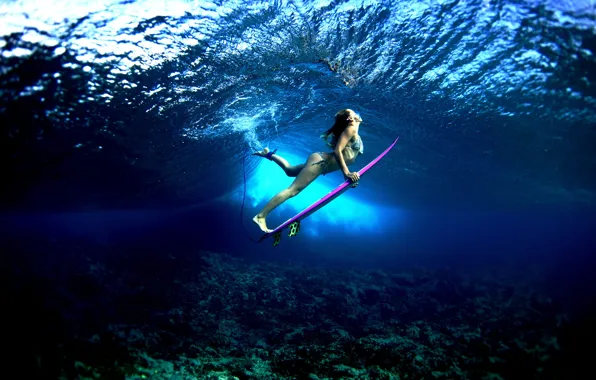 Картинка вода, девушка, океан, спорт, серфинг, доска, surfing