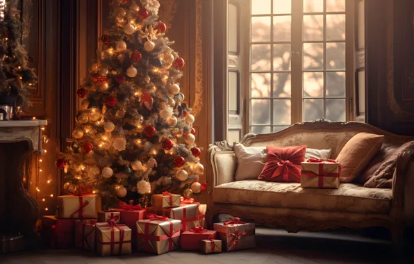 Картинка украшения, диван, шары, елка, Новый Год, Рождество, подарки, new year