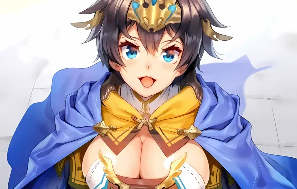 Girl, sexy, cleavage, blouse, brown hair, boobs, anime, blue eyes