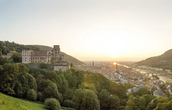 Город, река, замок, рассвет, Heidelberg