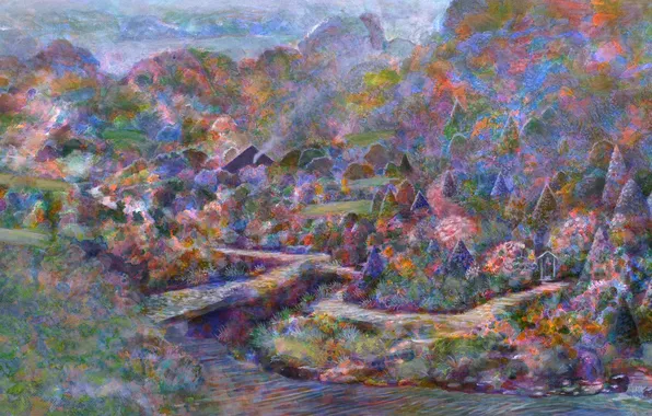 Картинка деревья, мост, река, холмы, картина, Naohisa Inoue