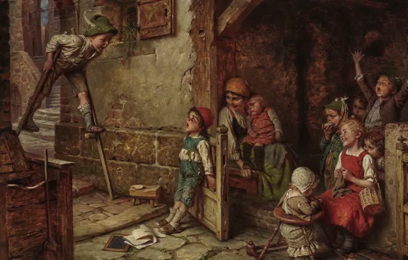 German painter, немецкий живописец, Hermann von Kaulbach, Герман фон Каульбах, Мальчик на ходулях, The Stilt …