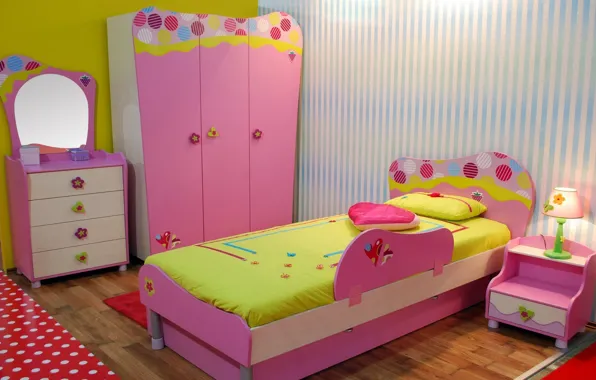 Дизайн, комната, лампа, кровать, интерьер, зеркало, подушка, детская