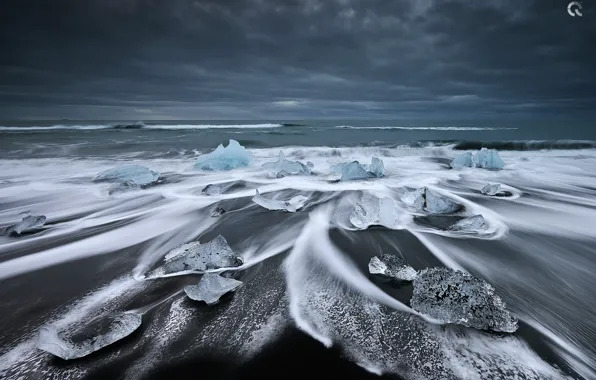 Пляж, озеро, океан, лёд, Исландия, Ёкюльсаурлоун, ледниковая лагуна