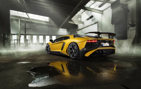 Желтый, Lamborghini, суперкар, спойлер, задок, Aventador, выхлопы, Novitec