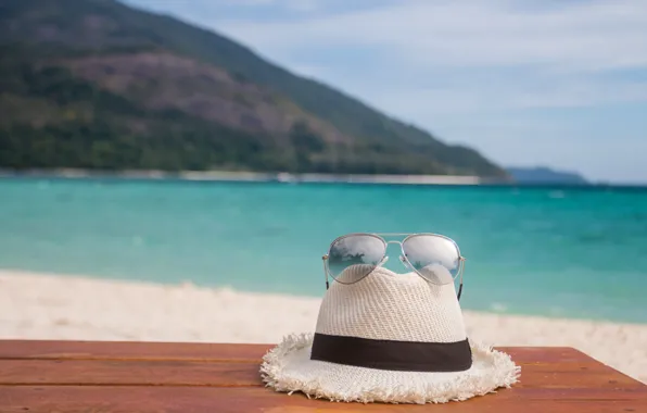 Песок, море, пляж, лето, отдых, шляпа, очки, summer