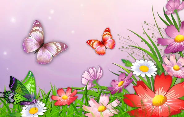 Картинка трава, бабочки, цветы, природа, рисунок, вектор