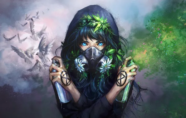 Картинка green, girl, white, graffiti, nature, art, blue eyes, flowers