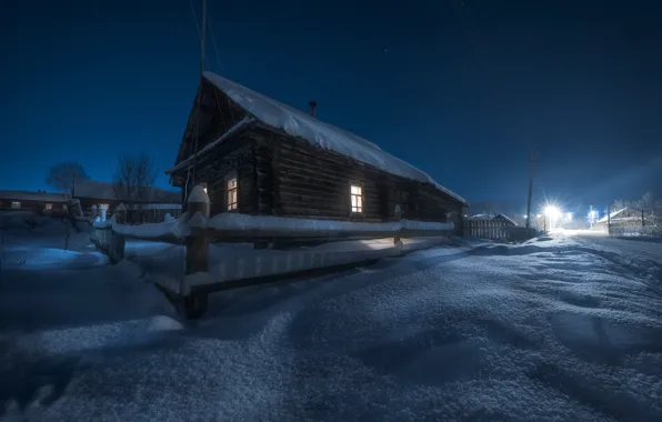 Картинка зима, снег, пейзаж, ночь, природа, село, дома, фонари