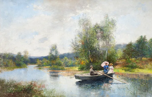 Картинка пейзаж, река, зонтик, девушки, лодка, Severin Nilson, Roddtur i grönskande landskap