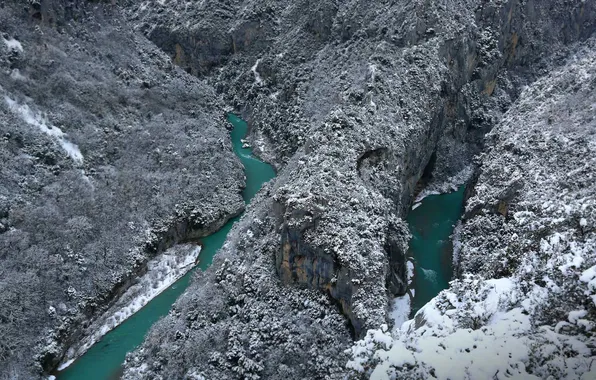 Картинка снег, горы, озеро, река, скалы, Франция, Заповедник Вердон