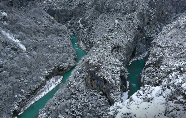 Снег, горы, озеро, река, скалы, Франция, Заповедник Вердон