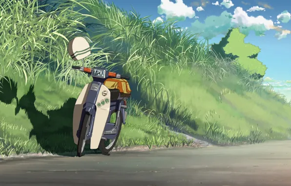 Картинка дорога, небо, трава, облака, мопед