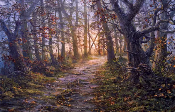 Картинка осень, лес, деревья, рисунок, тропа, картина, арт, живопись