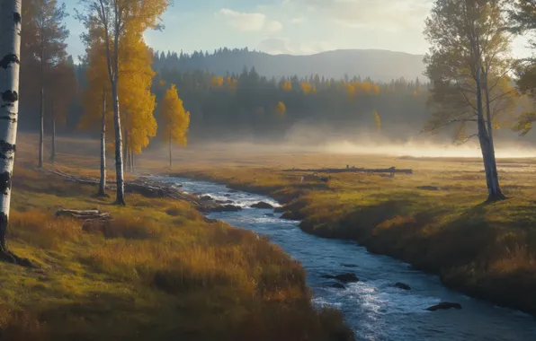 Картинка river, field, landscape, nature