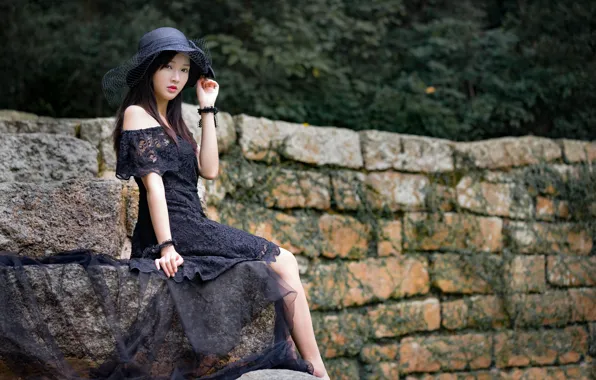 Картинка девушка, платье, шляпка, азиатка, милашка