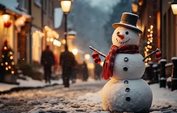 Зима, снег, улица, Новый Год, Рождество, снеговик, happy, Christmas