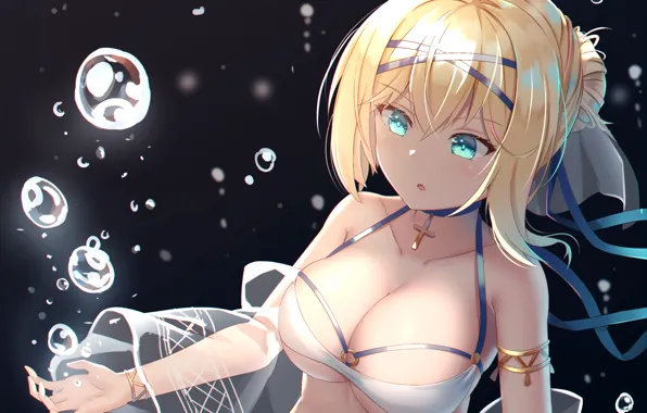Girl, sexy, cleavage, green eyes, boobs, anime, beautiful, short hair