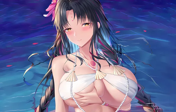 Girl, sexy, cleavage, long hair, boobs, sexy girl, anime, water