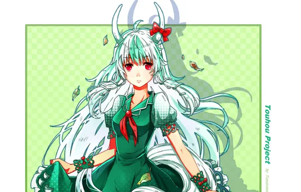 Рога, красные глаза, touhou, art, зеленое платье, Touhou Project, Проект Восток, длинные белые волосы